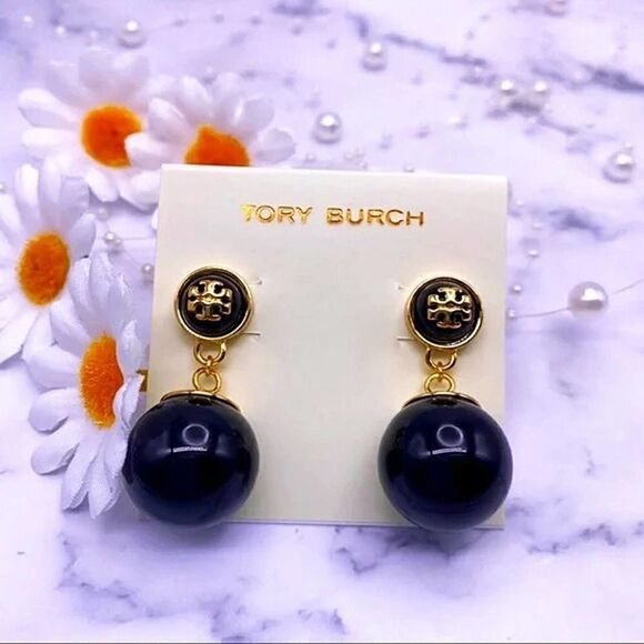 NWOT Tory Burch Gold Logo, Black Enamel Ball Dangle Stud Earings - Picture 1 of 9